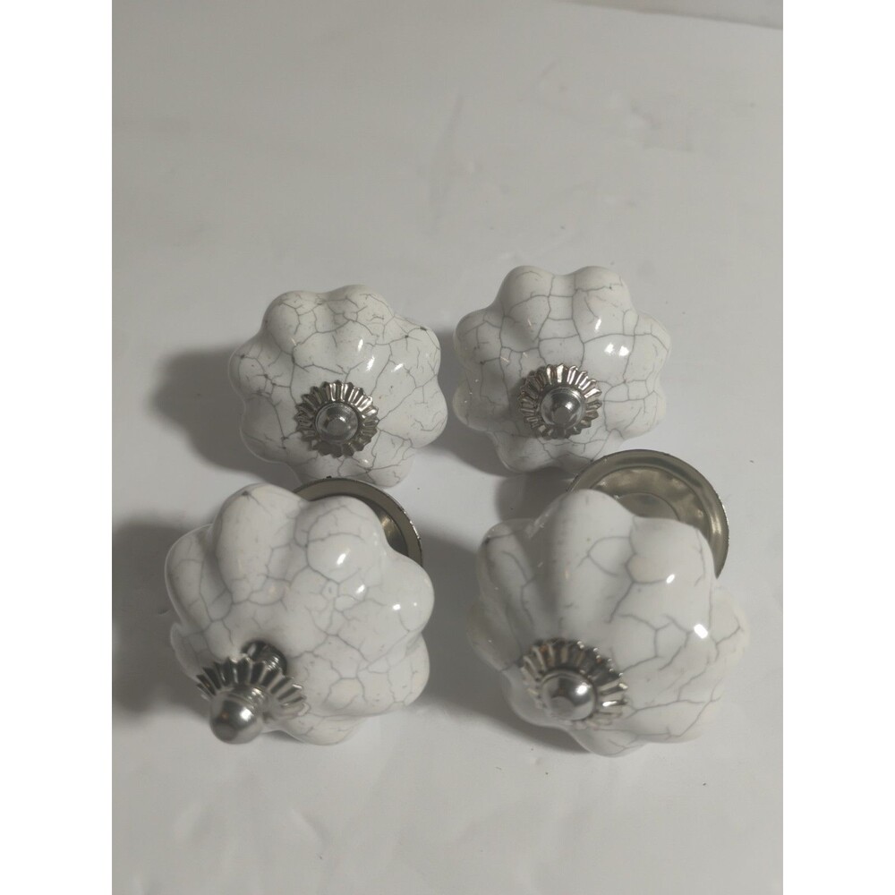 Lot of 4 Vintage Style White Crackle Glaze Ceramic Melon Cabinet Knobs Pulls